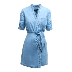 Veronica Beard Dunn Denim Mini Wrap Dress Blue Short Sleeve Tie Snap Button 0 XS